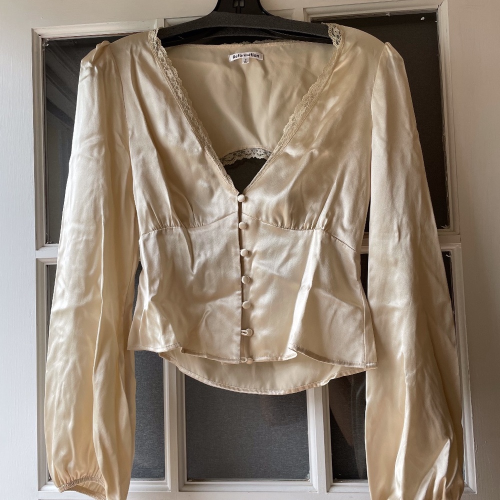 reformation silk lace blouse top